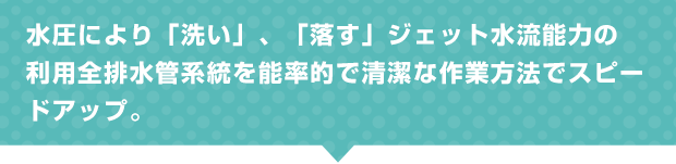 水圧により「洗い」、「落す」ジェット水流能力の利用全排水管系統を能率的で清潔な作業方法でスピードアップ。